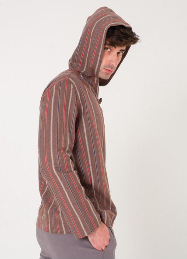 Shepherd Button Detailed Hooded Brown Striped Men's Shirt